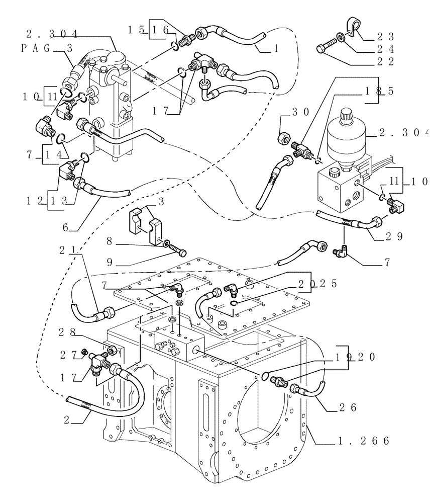 Схема запчастей Case 1850K - (2.319[02]) - BRAKE/STEERING DIFFERENTIAL CONNECTING PIPES (04) - UNDERCARRIAGE