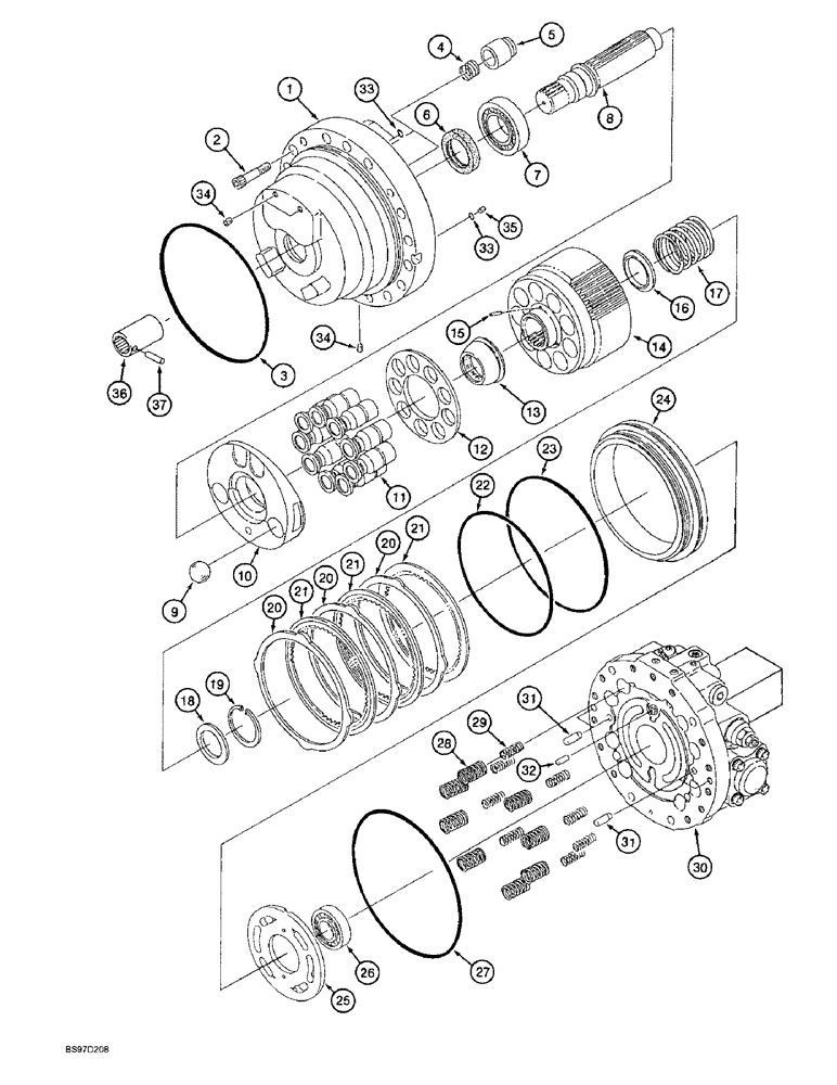 Схема запчастей Case 9045B - (6-08) - TRACK DRIVE MOTOR ASSEMBLY, SHAFT, CYLINDER BLOCK AND PISTONS (06) - POWER TRAIN