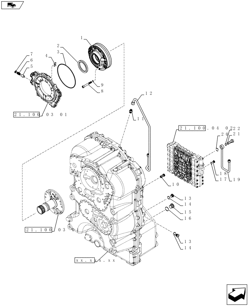 Схема запчастей Case 721F - (21.100.03[02]) - TRANSMISSION 5-SPEED, REGULATOR VALVE AND OIL PUMP (21) - TRANSMISSION