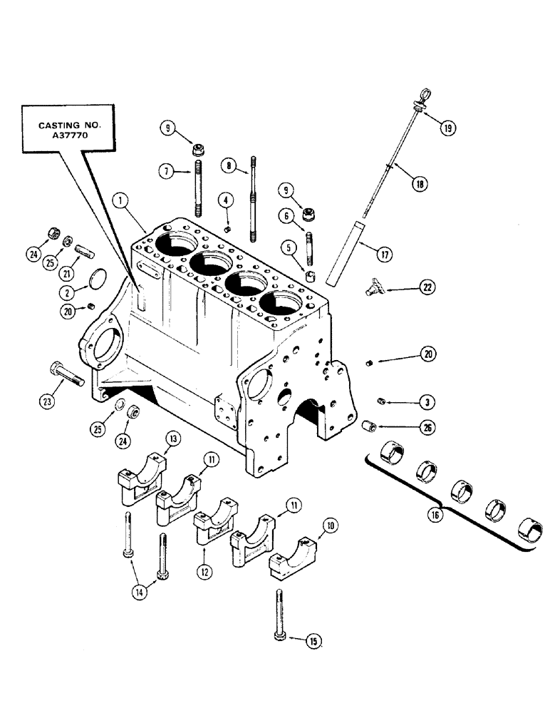 Схема запчастей Case 310G - (029A) - CYLINDER BLOCK ASSEMBLY, (188) DIESEL ENGINE, CASTING NO. A37770 (01) - ENGINE