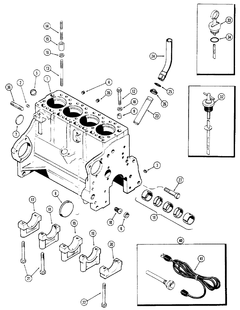 Схема запчастей Case 350 - (024) - CYLINDER BLOCK, 188 DIESEL ENGINE, USED ENGINE SERIAL NOS. 2711005 TO 2859526 WITH CYL. HEAD BOLTS (01) - ENGINE