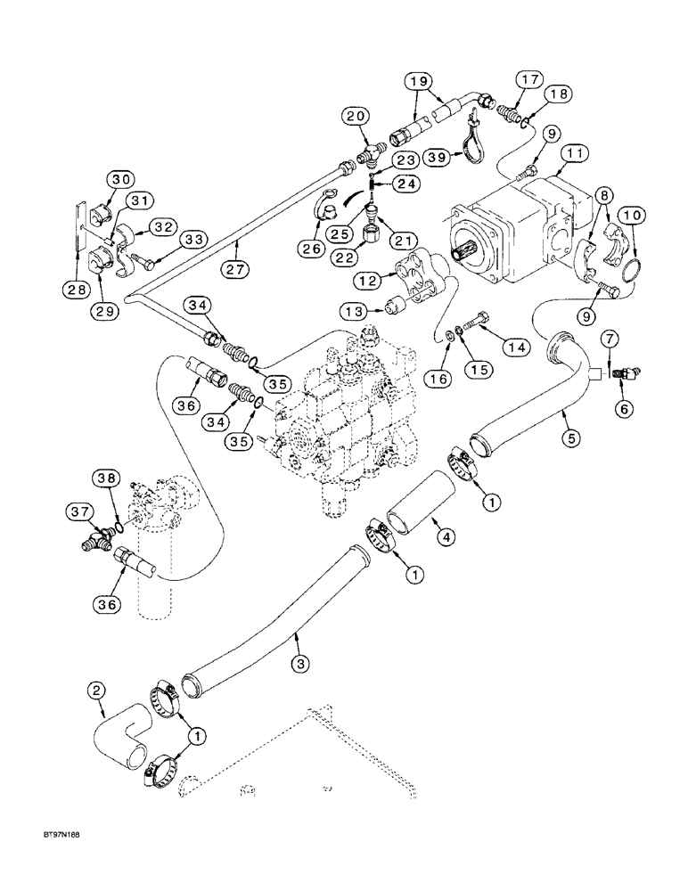 Схема запчастей Case 590SL - (7-13) - EQUIPMENT HYD. SYSTEM, RESERVOIR TO LOADER CONTROL VALVE & LOADER VALVE TO FILTER (08) - HYDRAULICS