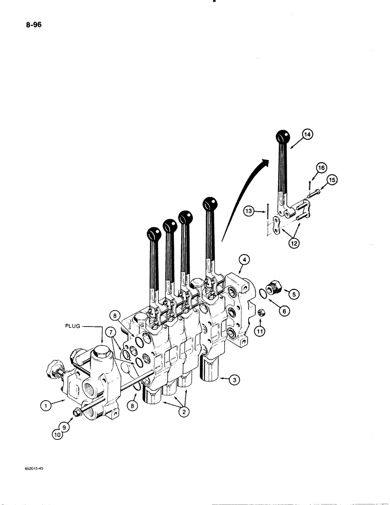 Схема запчастей Case 480E - (8-096) - THREE-POINT HITCH CONTROL VALVES, FOUR AND FIVE SPOOL VALVE ASSY., D122164 & D122165 CONTROL VALVES (08) - HYDRAULICS