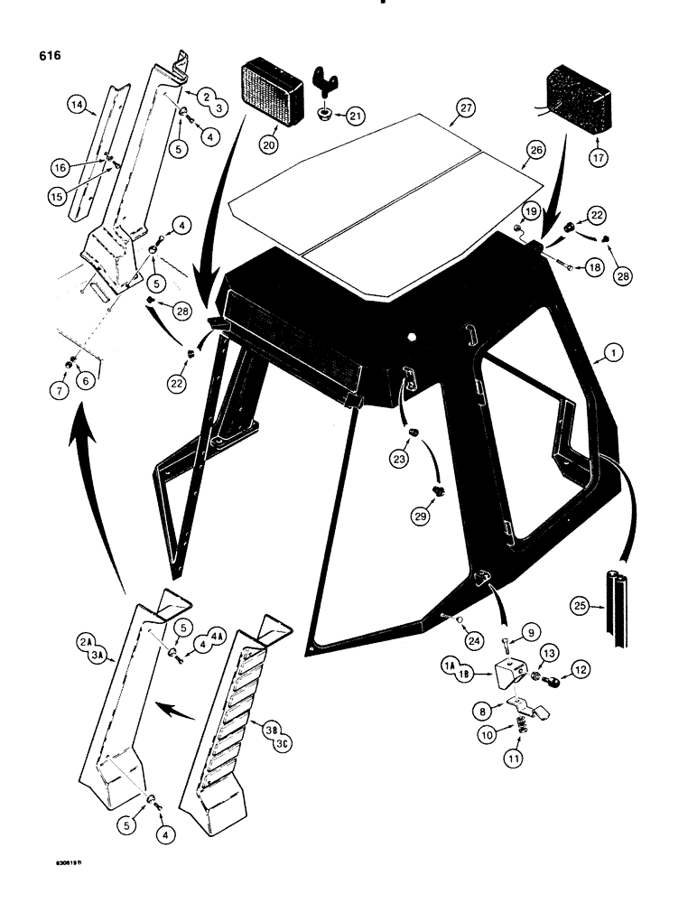 Схема запчастей Case 580E - (616) - CAB FRAME AND LAMPS (09) - CHASSIS/ATTACHMENTS