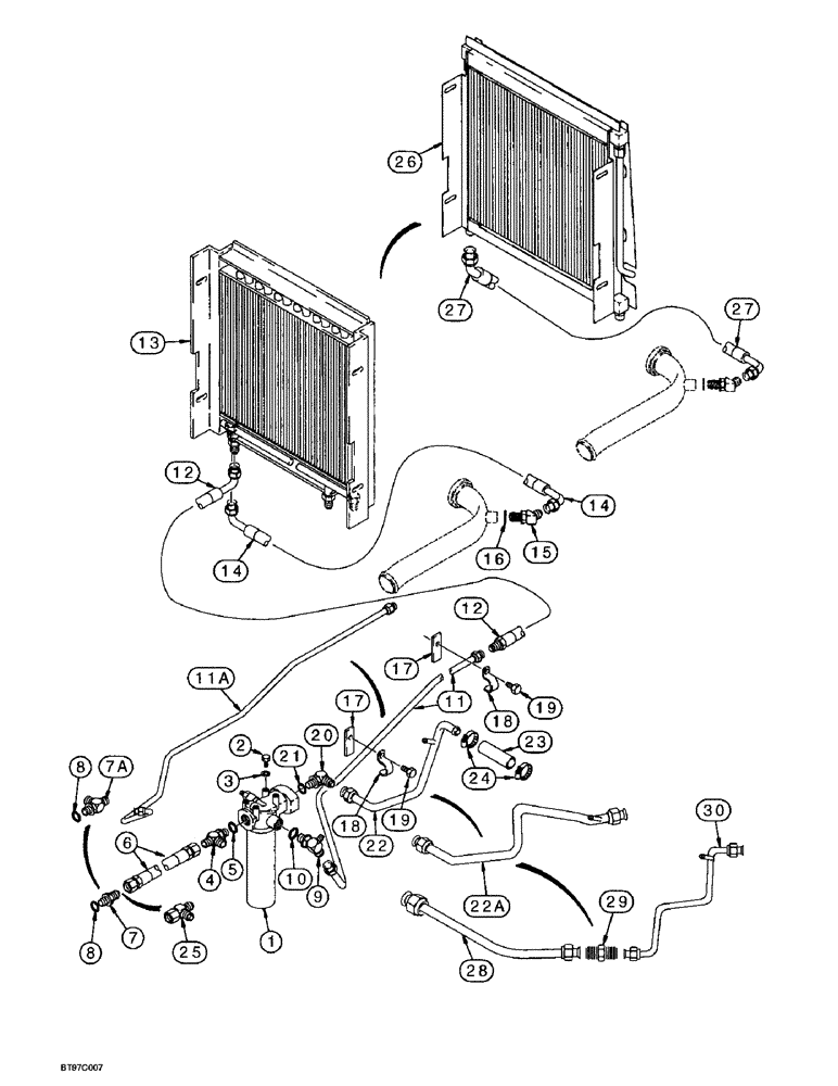Схема запчастей Case 570LXT - (8-008) - EQUIPMENT HYDRAULIC SYSTEM, OIL COOLER LINES, RETURN LINES AND FILTER (08) - HYDRAULICS