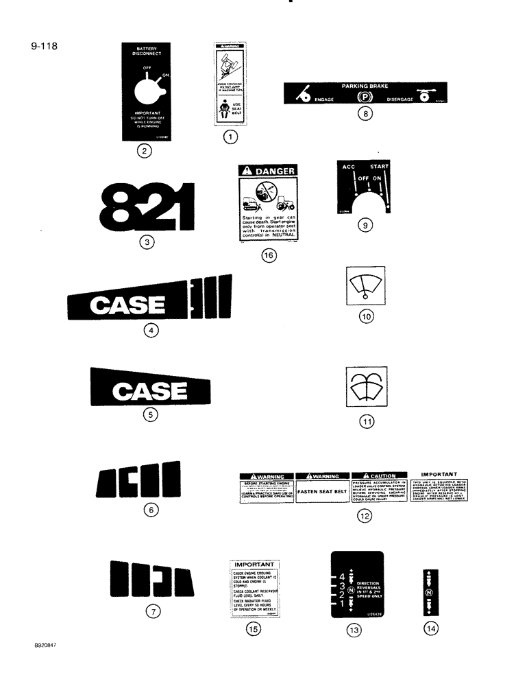 Схема запчастей Case 821 - (9-118) - 321-7030 DECALS (09) - CHASSIS/ATTACHMENTS