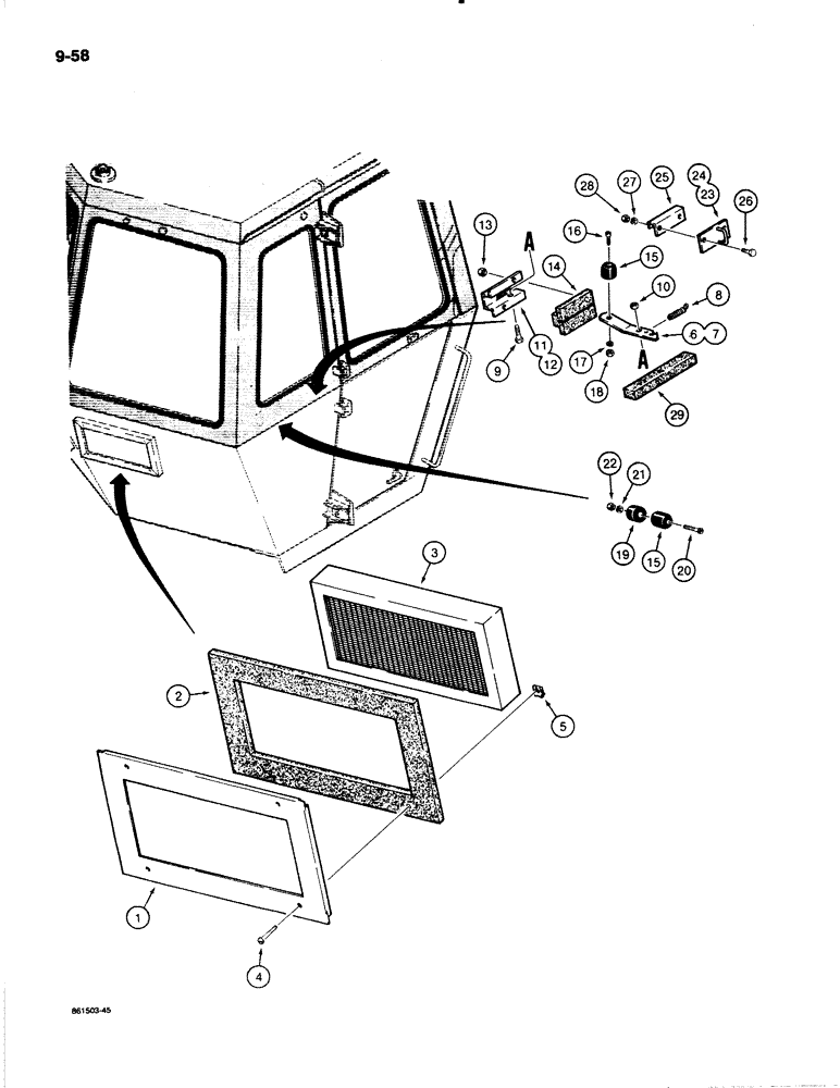 Схема запчастей Case W18B - (9-058) - CAB FILTER AND DOOR HOLDER LATCHES, BEFORE CAB SN. 53700 (09) - CHASSIS/ATTACHMENTS