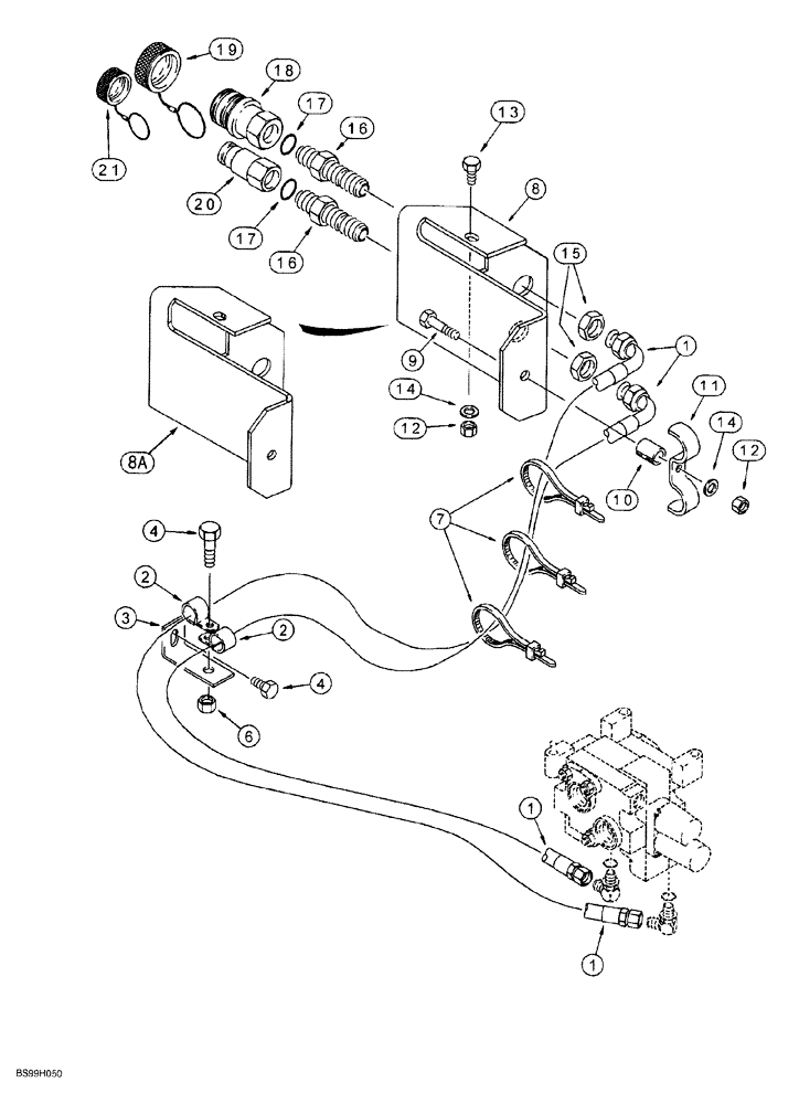 Схема запчастей Case 580SL - (8-044) - HAND HELD AUXILIARY HYD, AUXILIARY VALVE TO QUICK DISCONNECT COUPLINGS, MODELS WITH 31 GAL FUEL TANK (08) - HYDRAULICS