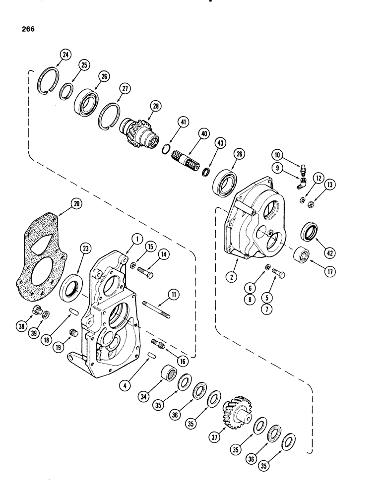 Схема запчастей Case 580SE - (266) - TRANSAXLE TRANSFER GEAR BOX, 4 WHEEL DRIVE, TRANSMISSION SN16270319 AND AFTER (06) - POWER TRAIN