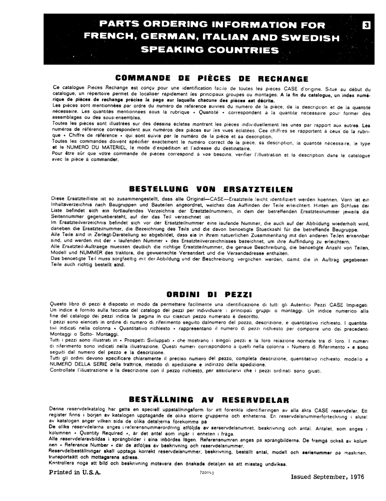 Схема запчастей Case W20 - (003) - PARTS ORDERING INFORMATION FOR FRENCH, GERMAN, ITALIAN AND SWEDISH COUNTRIES (00) - PICTORIAL INDEX