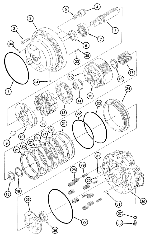 Схема запчастей Case 9050B - (6-018) - TRACK DRIVE MOTOR ASSEMBLY, SHAFT, CYLINDER BLOCK AND PISTONS, TIMBER KING MODELS (06) - POWER TRAIN