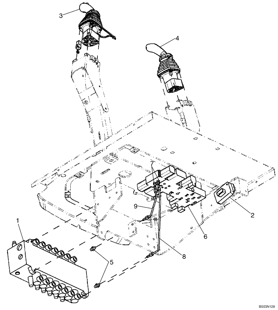 Схема запчастей Case 590SM - (08-19) - HYDRAULICS - VALVE, PILOT CONTROL AND JOYSTICKS (7 SPOOL, W/O EXT DIPPER, W/ AUX HYDS) (08) - HYDRAULICS