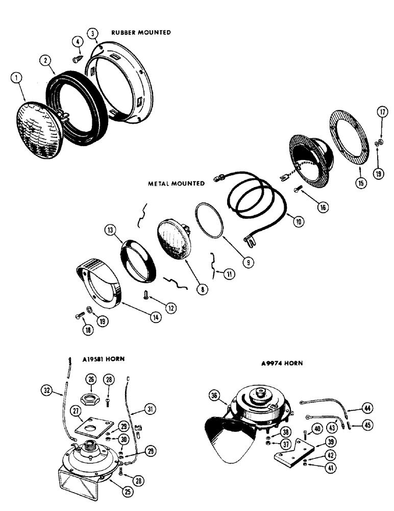 Схема запчастей Case W5 - (062) - FRONT AND REAR LAMPS, RUBBER MOUNTED, METAL MOUNTED, A19581 HORN, A9974 HORN (04) - ELECTRICAL SYSTEMS