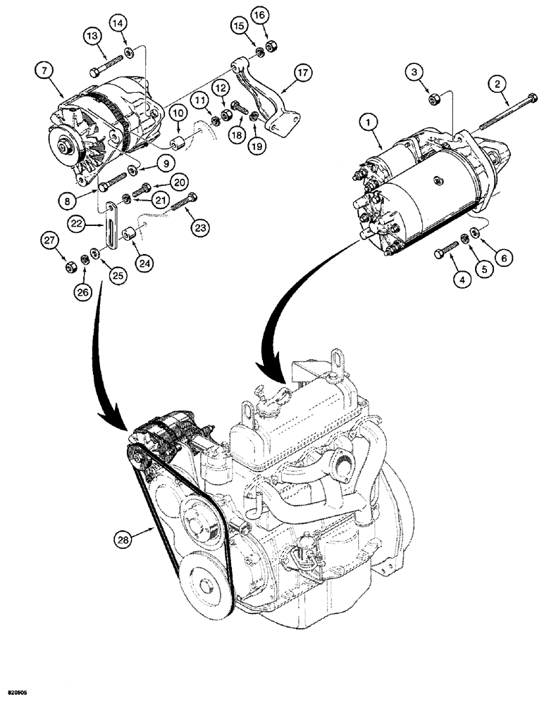 Схема запчастей Case W4 - (044) - STARTER AND ALTERNATOR MOUNTING, 1.8 LITRE ENGINE, USED BEFORE TRACTOR SN 1205402 EXCEPT SN 1205397 (04) - ELECTRICAL SYSTEMS