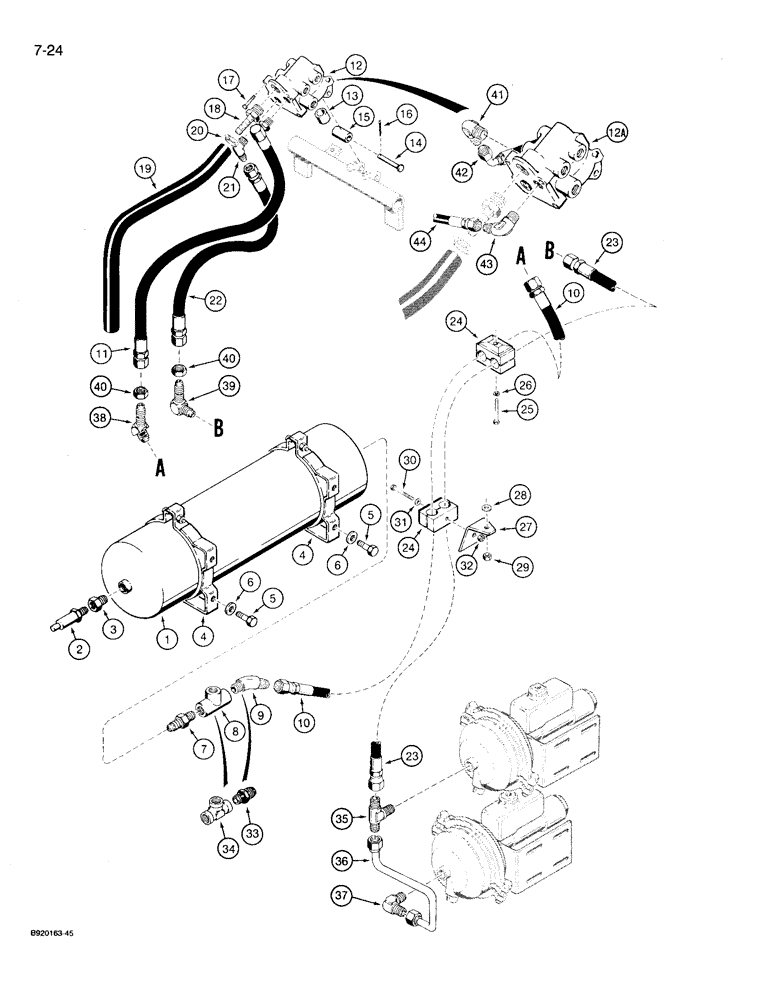 Схема запчастей Case 721 - (7-24) - UPPER RESERVOIR TO BRAKE VALVE AND ACTUATORS (07) - BRAKES