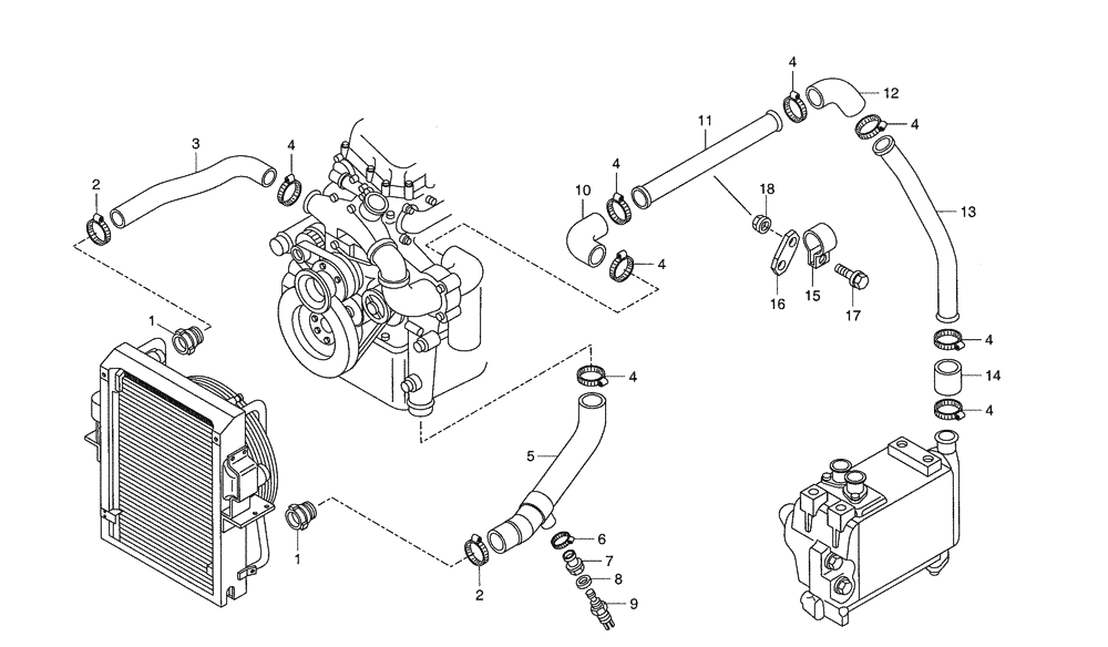 Схема запчастей Case 340B - (04A01020635[001]) - LINES, COOLING - RADIATOR / ENGINE / RESERVOIR (UNTIL P.I.N. HHD0340BN7PG58147) (87451027) (01) - ENGINE