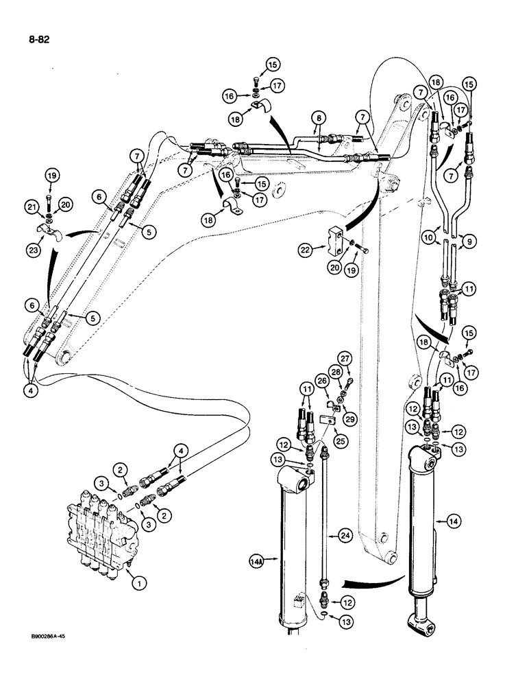 Схема запчастей Case 1085C - (8-082) - TOOL CYLINDER HYDRAULIC CIRCUIT, MODELS WITH RIGID ARM (08) - HYDRAULICS