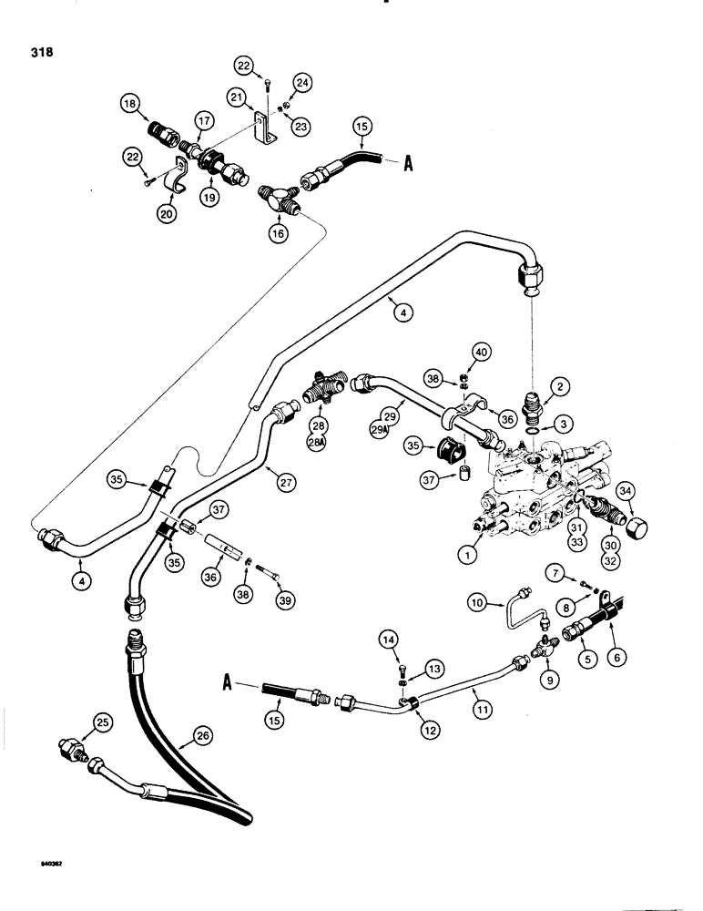 Схема запчастей Case 580E - (318) - EQUIPMENT HYDRAULIC SYSTEM, REAR EQUIPMENT LINES, USED WITH CASE LOADER CONTROL VALVE (08) - HYDRAULICS