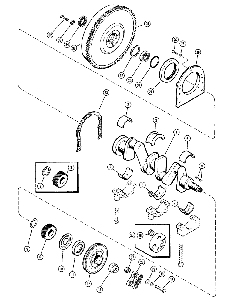 Схема запчастей Case 580B - (062) - CRANKSHAFT AND FLYWHEEL, (159) SPARK IGNITION ENGINE (02) - ENGINE