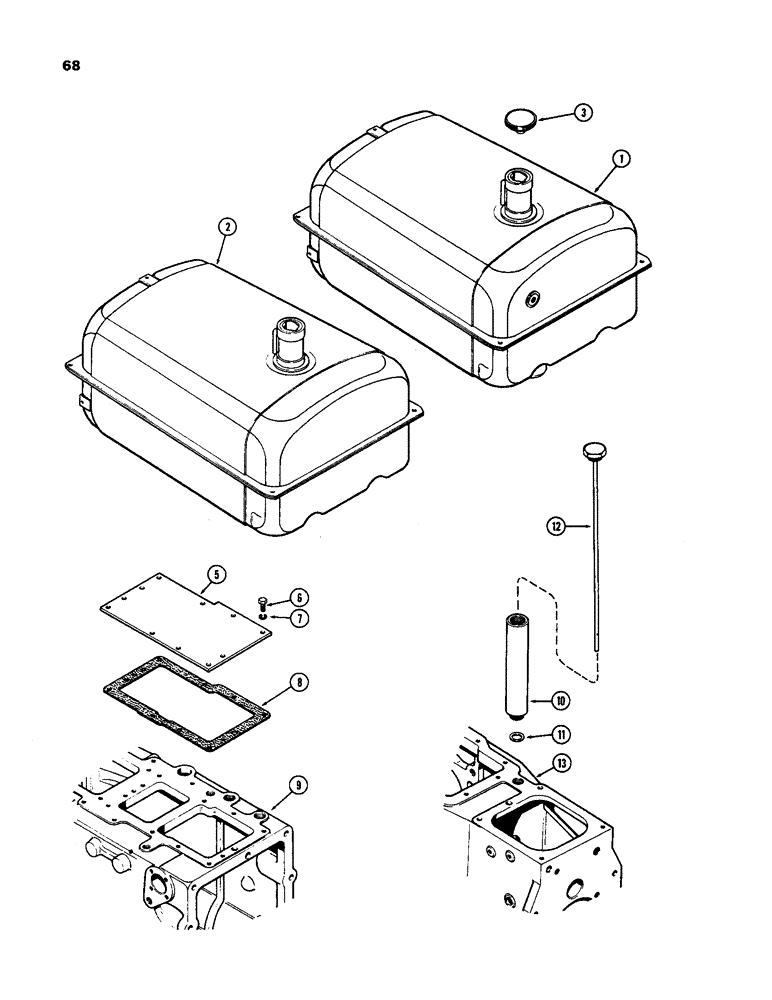 Схема запчастей Case 584 - (68) - FUEL TANK, SHUTTLE OR HYDROSTATIC TRANSMISSION, TORQUE TUBE COVER & DIPSTICK, HYDROSTATIC TRANSMISSN (10) - ENGINE