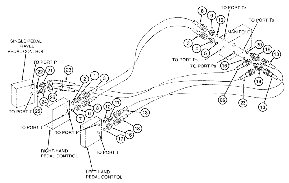 Схема запчастей Case 9050B - (8-046) - PEDAL CONTROL VALVE PRESSURE AND RETURN LINES (08) - HYDRAULICS