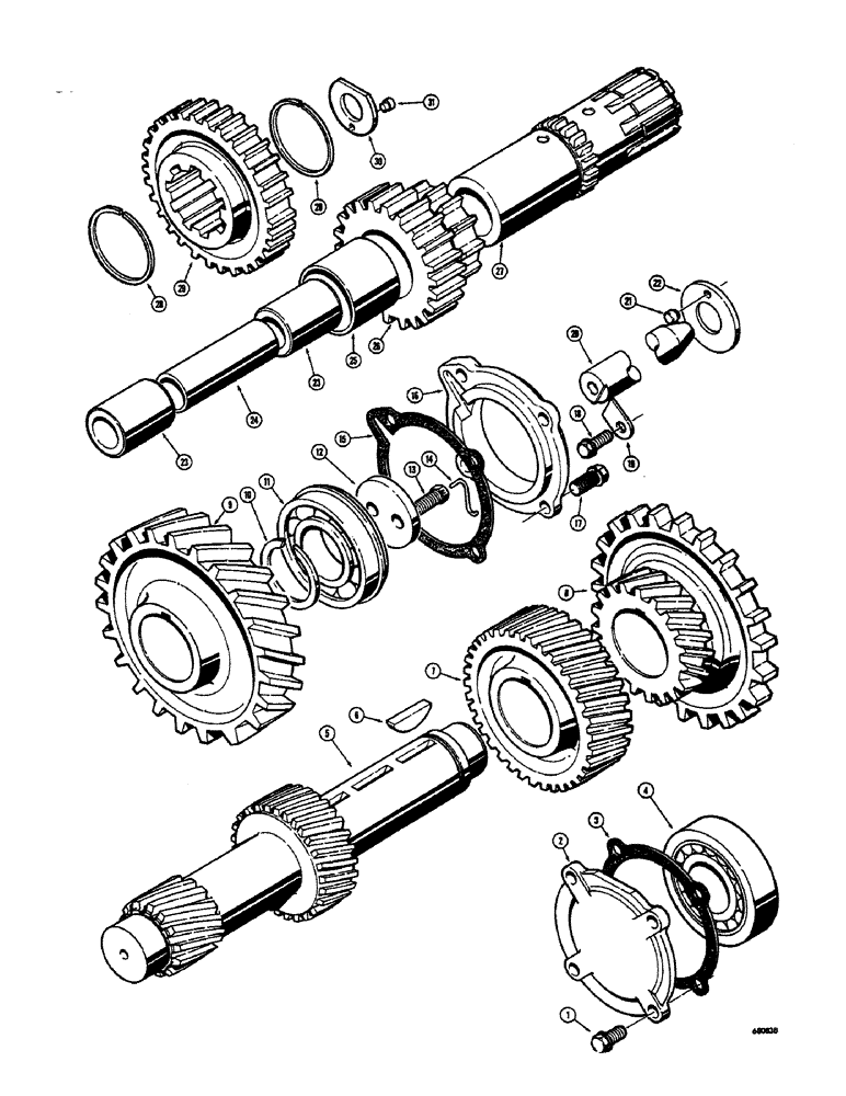 Схема запчастей Case 300 - (034) - TRANSMISSION ASSEMBLY, BEFORE TRACTOR SERIAL NO. 5255, COUNTERSHAFT AND REVERSE IDLER PARTS (03) - TRANSMISSION