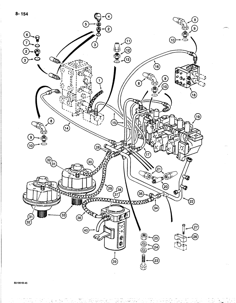 Схема запчастей Case 170B - (8-154) - HYDRAULIC CIRCUIT RETURN LINES, LEAK RETURN TO FILTER, P.I.N. 74341 THRU 74416 (08) - HYDRAULICS