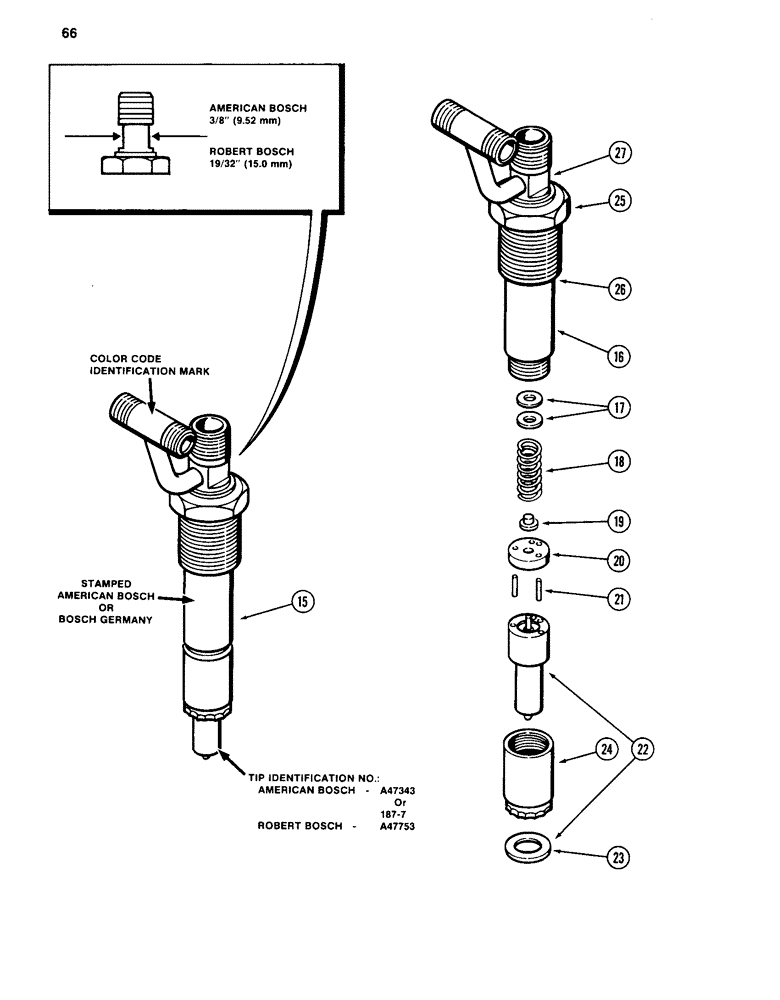 Схема запчастей Case 880C - (066) - FUEL INJECTOR NOZZLE, 504BD DIESEL ENGINE, BLUE COLOR CODE IDENTIFICATION (02) - FUEL SYSTEM