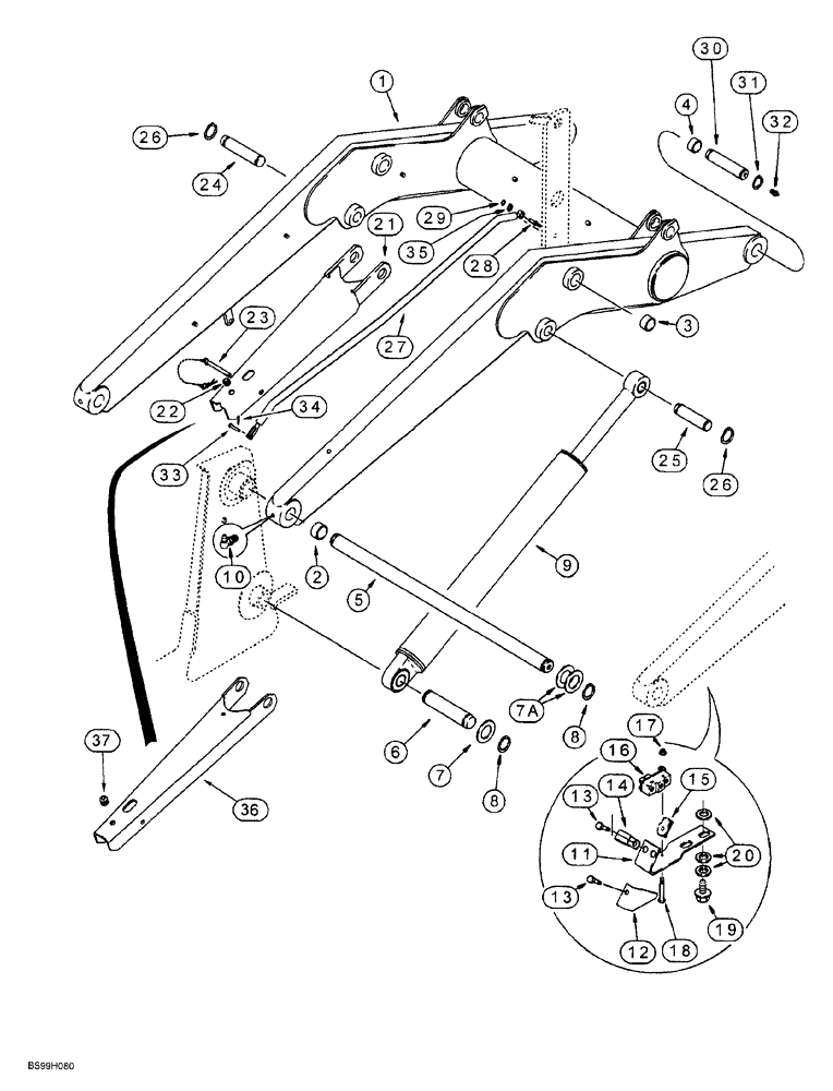 Схема запчастей Case 580SL - (9-010) - LOADER LIFT FRAME AND MOUNTING PARTS, LIFT CYLINDER, SUPPORT STRUT, RETURN TO DIG AND ANTI ROLLBACK (09) - CHASSIS/ATTACHMENTS