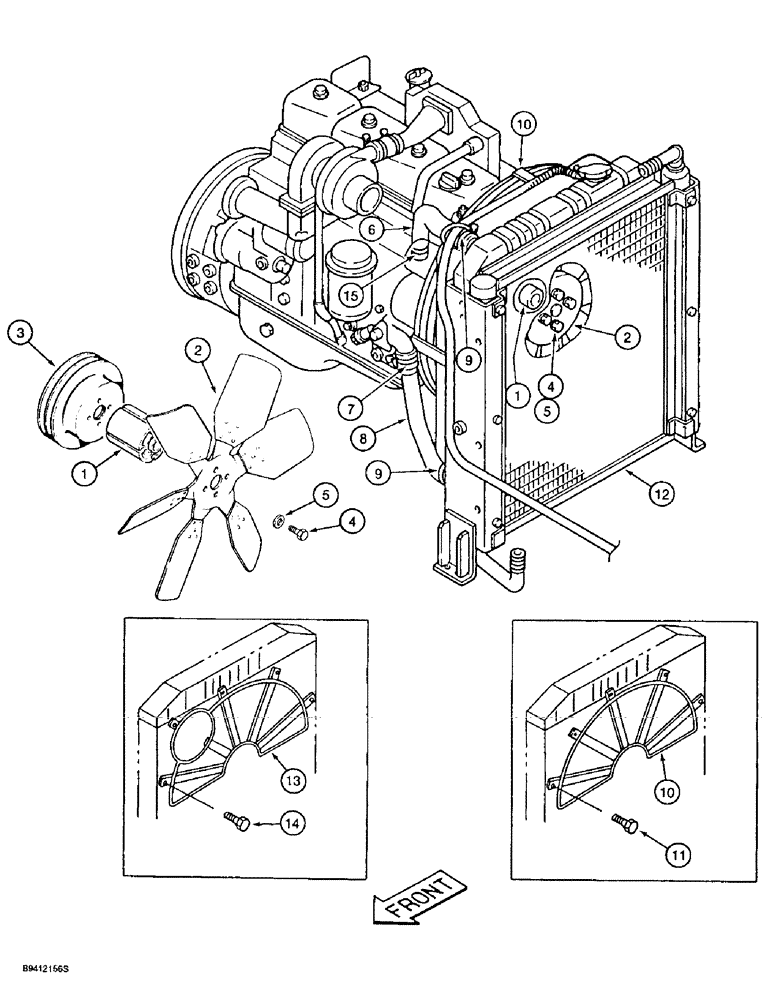 Схема запчастей Case 9020B - (2-004) - RADIATOR, HOSES AND ENGINE FAN, PRIOR TO P.I.N. DAC02#2001, P.I.N. DAC02#2001 AND AFTER (02) - ENGINE