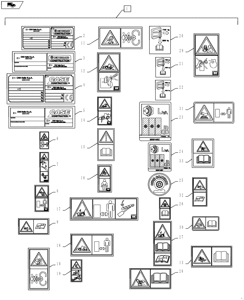 Схема запчастей Case 1121F - (90.108.09) - DECALS - COMMON LANGUAGE, EUROPE (90) - PLATFORM, CAB, BODYWORK AND DECALS