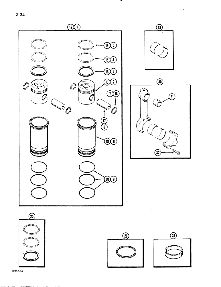 Схема запчастей Case 1455B - (2-34) - PISTONS AND SLEEVES, 504BDT DIESEL ENGINE, CONNECTING ROD (02) - ENGINE