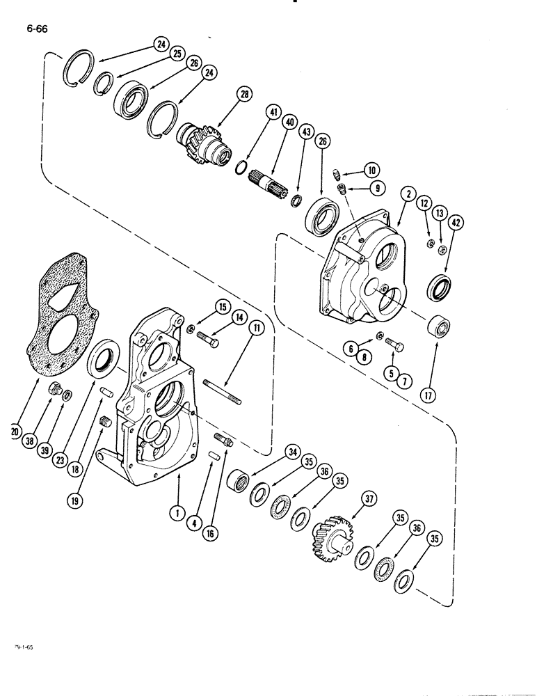 Схема запчастей Case 480E LL - (6-66) - TRANSAXLE TRANSFER GEAR BOX, 4 WHEEL DRIVE (06) - POWER TRAIN