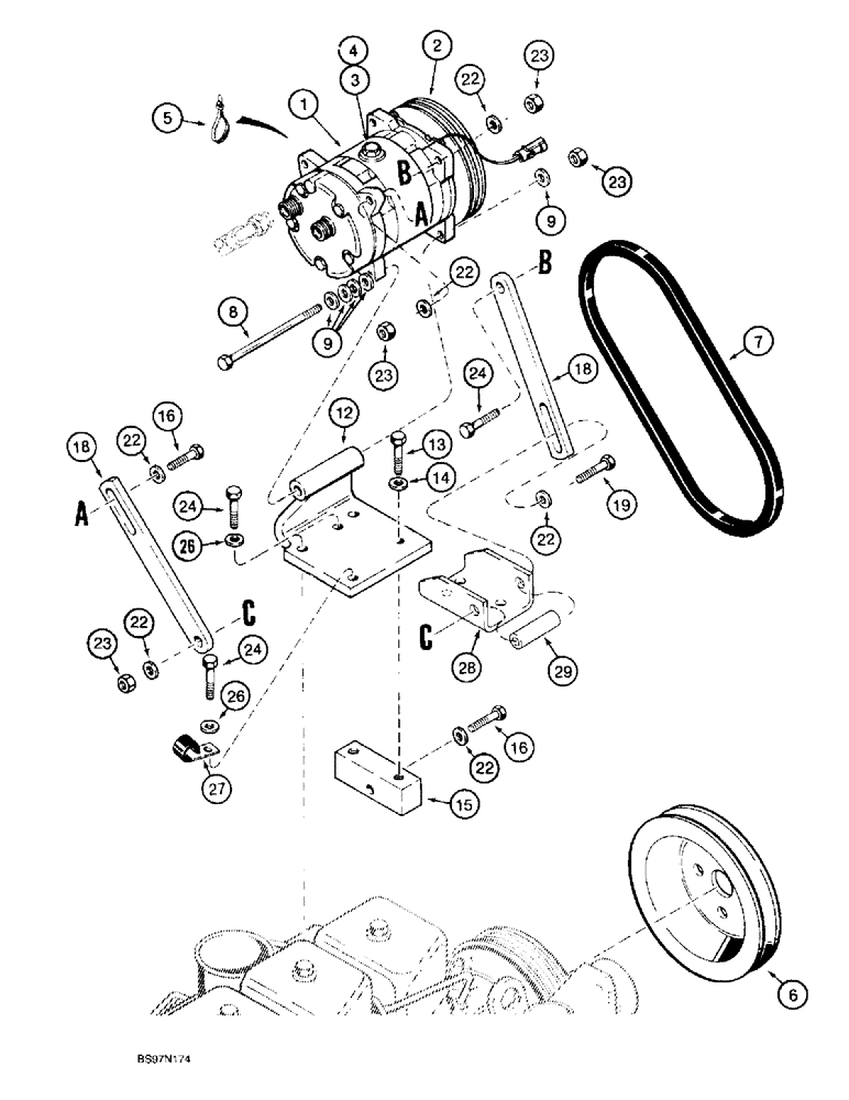 Схема запчастей Case 580L - (9-105) - AIR CONDITIONING, COMPRESSOR MOUNTING AND DRIVE (09) - CHASSIS/ATTACHMENTS