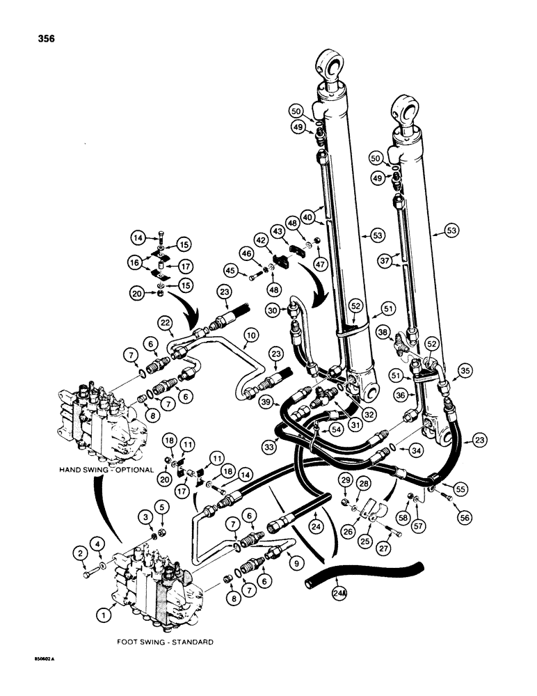 Схема запчастей Case 580E - (356) - BACKHOE BOOM CYLINDER HYDRAULIC CIRCUIT, MODELS WITH TWO BOOM MOUNTING PIN AT SWING TOWER (08) - HYDRAULICS