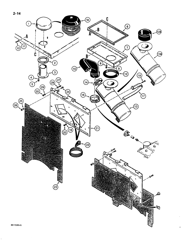 Схема запчастей Case 580K - (02-014) - AIR CLEANER AND AIR INTAKE PARTS, MODELS WITHOUT TURBOCHARGED ENGINES (02) - ENGINE