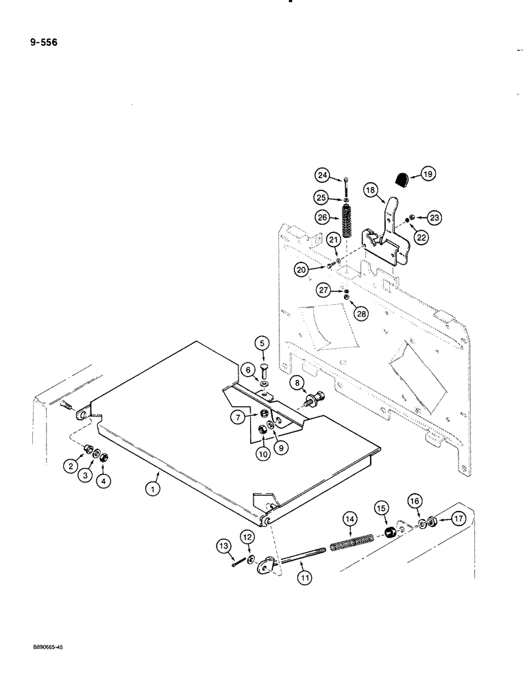 Схема запчастей Case 580K - (09-556) - UPRIGHT COVER AND HOOD LATCH RELEASE, USED ON MODELS WITHOUT AIR CLEANER AIR DUCT BOX (09) - CHASSIS/ATTACHMENTS