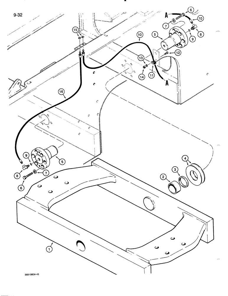 Схема запчастей Case 821 - (9-032) - TRUNNION AND LUBRICATION LINES (09) - CHASSIS/ATTACHMENTS