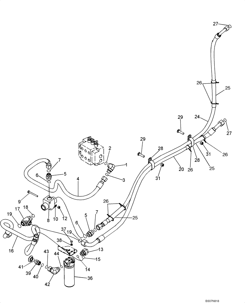 Схема запчастей Case 850L - (08-03) - HYDRAULICS, EQUIPMENT - CONTROL VALVE TO THERMAL BYPASS VALVE AND FILTER (08) - HYDRAULICS