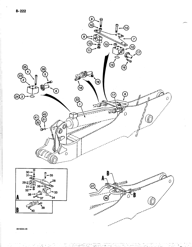 Схема запчастей Case 170B - (8-222) - TOOL CYLINDER CIRCUIT, TUBES AT CYLINDR, P.I.N. 74341-74456, UNITS W/ 2.5 M ARM (08) - HYDRAULICS