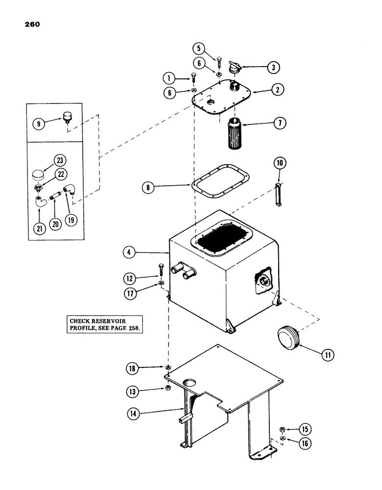 Схема запчастей Case 980B - (260) - HYDRAULIC OIL TANK AND RELATED PARTS, (USED WITH TANK WITH SQUARE CORNERS) (07) - HYDRAULIC SYSTEM