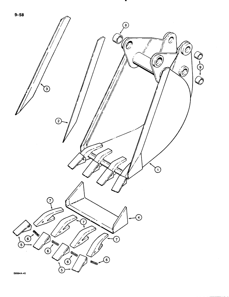 Схема запчастей Case 480E LL - (9-058) - BACKHOE BUCKETS, INCLUDES BUCKET TEETH, TRENCHING BUCKETS (09) - CHASSIS/ATTACHMENTS