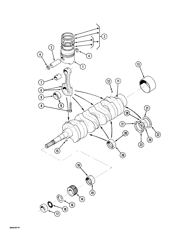 Схема запчастей Case 1825 - (2-24) - PISTONS AND CRANKSHAFT, DIESEL MODELS (02) - ENGINE