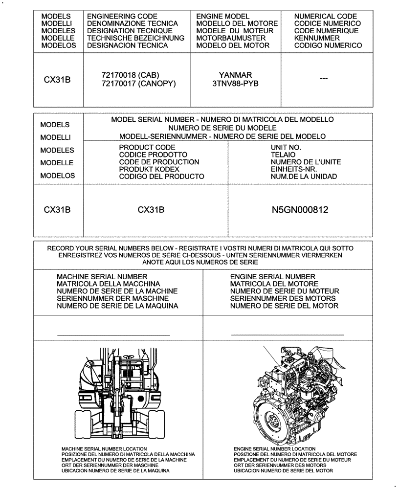 Схема запчастей Case CX31B - (0 - VERSION[00]) - IDENTIFICATION AND VERSION LIST (00) - GENERAL & PICTORIAL INDEX