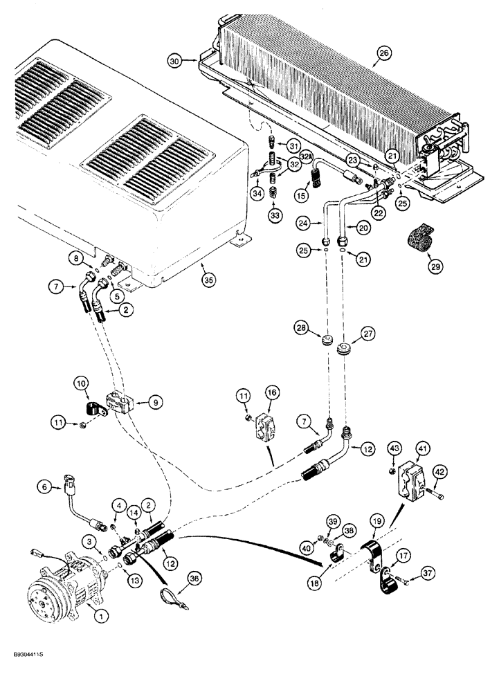 Схема запчастей Case 921 - (9-064) - AIR CONDITIONING SYSTEM, COMPRESSOR TO CONDENSER AND EVAPORATOR CORE, PRIOR TO P.I.N. JEE0040380 (09) - CHASSIS/ATTACHMENTS