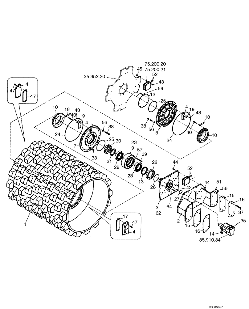 Схема запчастей Case SV212 - (75.200.08[02]) - DRUM, PAD FOOT VIBRATORY - BTW DDD001149 - DDD003016 (75) - SOIL PREPARATION