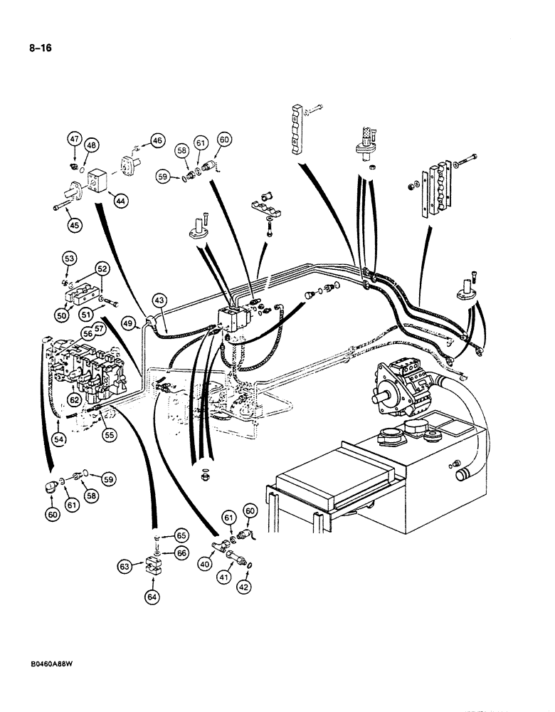 Схема запчастей Case 125B - (8-016) - HYDRAULIC PUMP LINES, P.I.N. 74401 THROUGH 74427, 74429, 74434, AND 74442 THROUGH 74445 (08) - HYDRAULICS