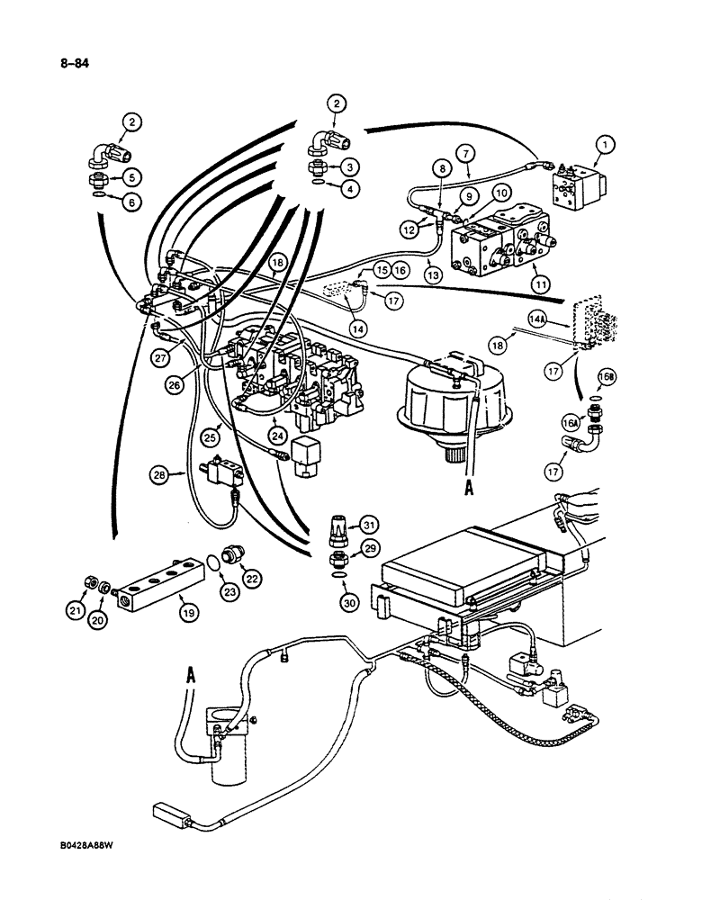 Схема запчастей Case 125B - (8-084) - HYDRAULIC COMPONENTS LEAK RETURN CIRCUIT, LINES FROM VALVES, P.I.N. 74251 THROUGH 74844 (08) - HYDRAULICS