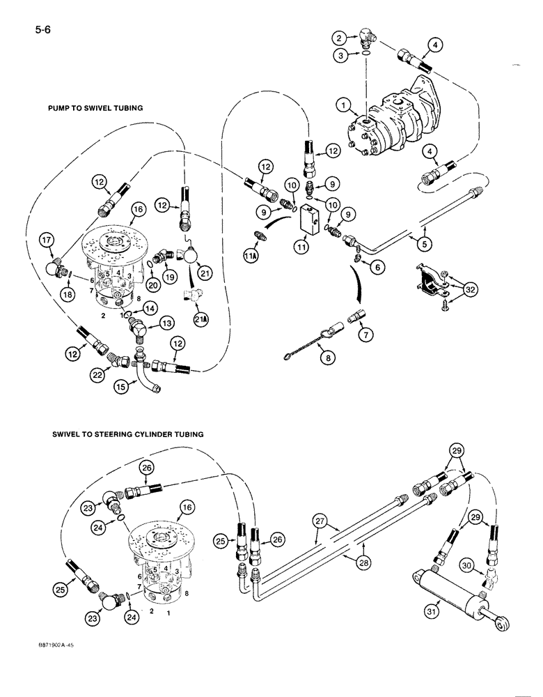 Схема запчастей Case 1086B - (5-006) - STEERING HYD. CIRCUIT, PUMP TO SWIVEL TO STEERING CYL. UNITS W/SPLIT FLANGE PORTS ON HYD. SWIVEL (05) - STEERING