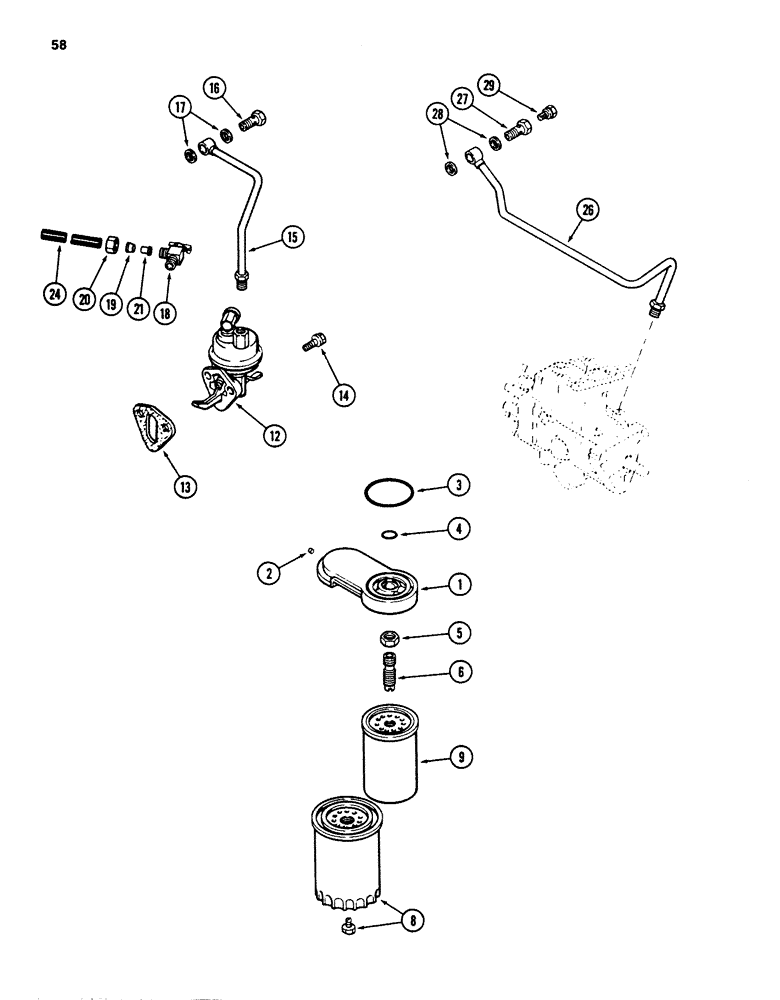 Схема запчастей Case 880D - (058) - FUEL FILTER AND LIFT PUMP, 6T-590 DIESEL ENGINE (02) - FUEL SYSTEM